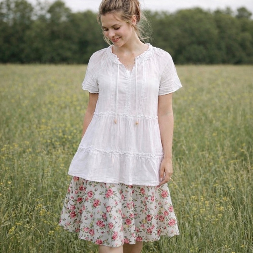Wonderly White Tiered Ruffle Lace Trim Short Sleeve Tunic Cottagecore Women Sz S